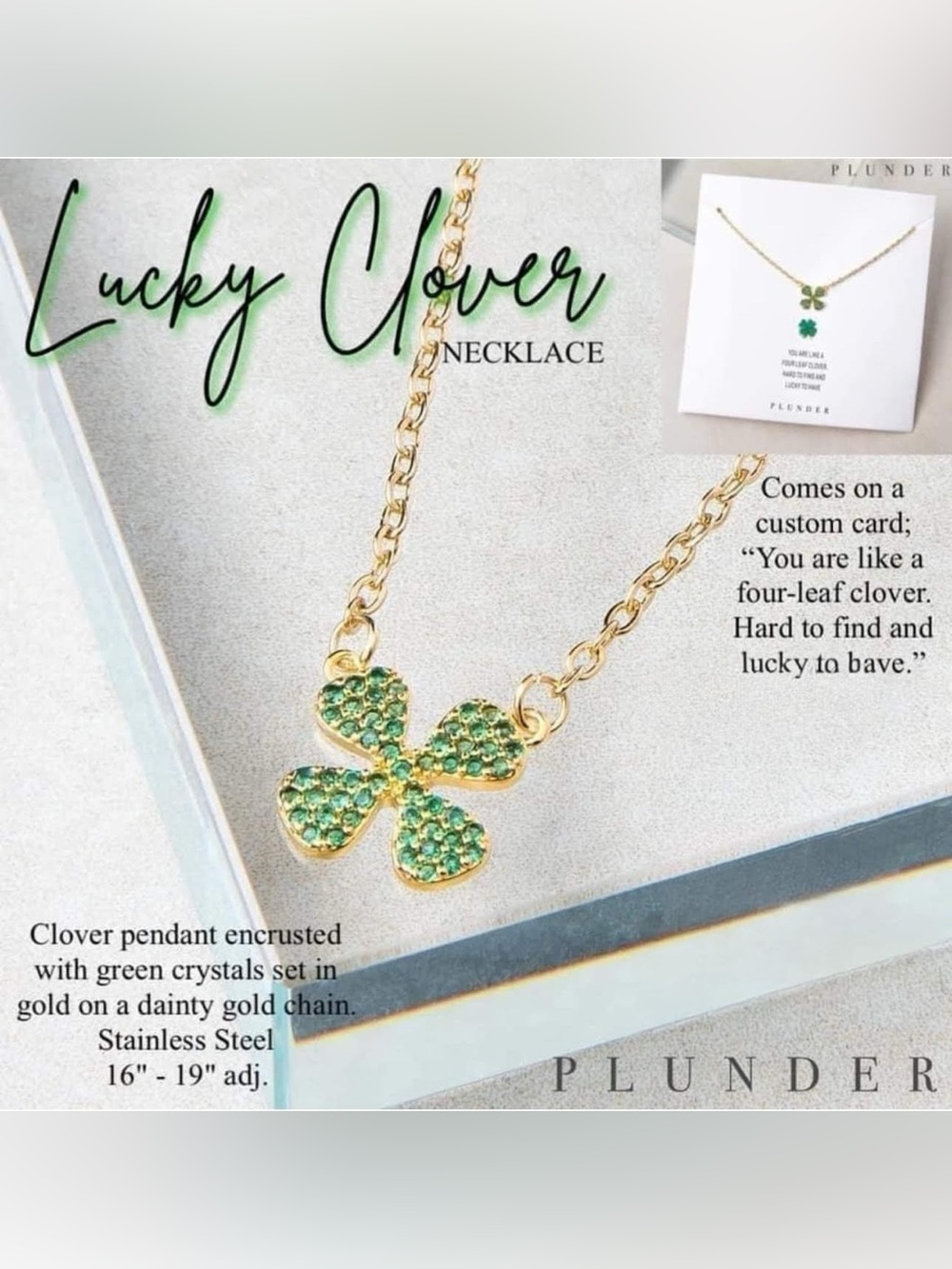 Plunder LUCKY CLOVER 🍀 NECKLACE GOLD CHAIN 16"adj~GREEN CRYSTALS w/Gift Box